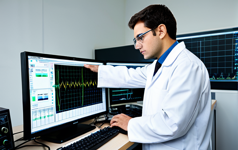 A focused professional electrical engineer, fully clothed in a modest lab coat over appropriate attire, standing at a workbench in a well-lit electrical engineering lab. The engineer is looking intently at an oscilloscope displaying complex waveforms, with wires and circuit boards neatly arranged on the test bench. The atmosphere is one of concentration and intellectual inquiry. Professional photography, high detail, realistic lighting, perfect anatomy, correct proportions, well-formed hands, natural body proportions, natural pose, safe for work, appropriate content, family-friendly.