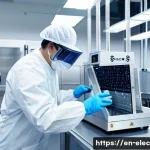 반도체 공정 기술 이해 - A highly detailed close-up view inside a modern semiconductor fabrication cleanroom, showing a techn...