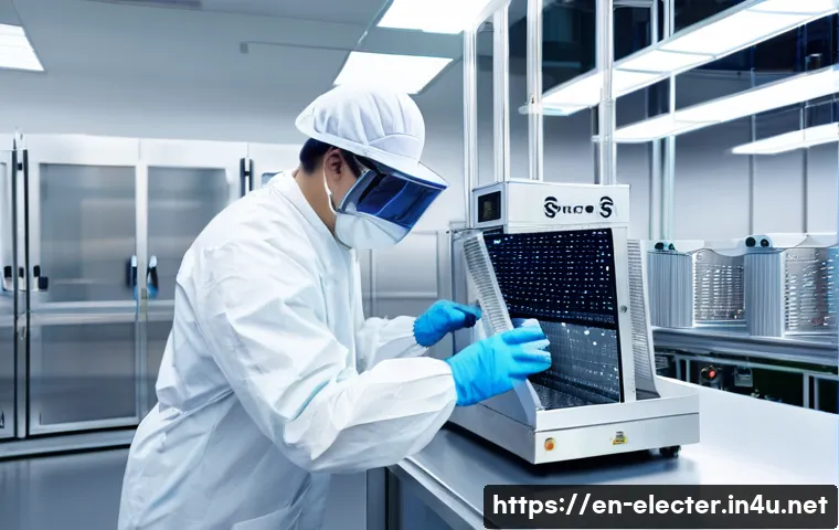 반도체 공정 기술 이해 - A highly detailed close-up view inside a modern semiconductor fabrication cleanroom, showing a techn...