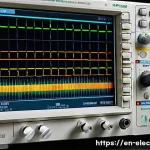 Home 20 오실로스코프 사용법 - A detailed close-up of a modern digital oscilloscope on a laboratory benchtop, showing a clear, brig...