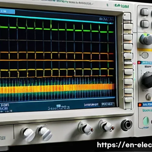 Home 32 오실로스코프 사용법 - A detailed close-up of a modern digital oscilloscope on a laboratory benchtop, showing a clear, brig...