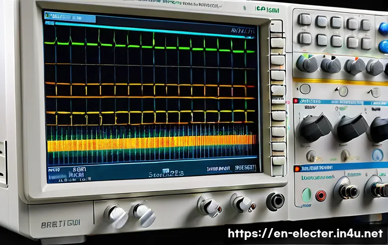 오실로스코프 사용법 - A detailed close-up of a modern digital oscilloscope on a laboratory benchtop, showing a clear, brig...