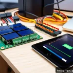 Home 19 IoT 디바이스 설계의 기초 - A detailed close-up of an IoT development workspace featuring a microcontroller board like an ESP32 ...