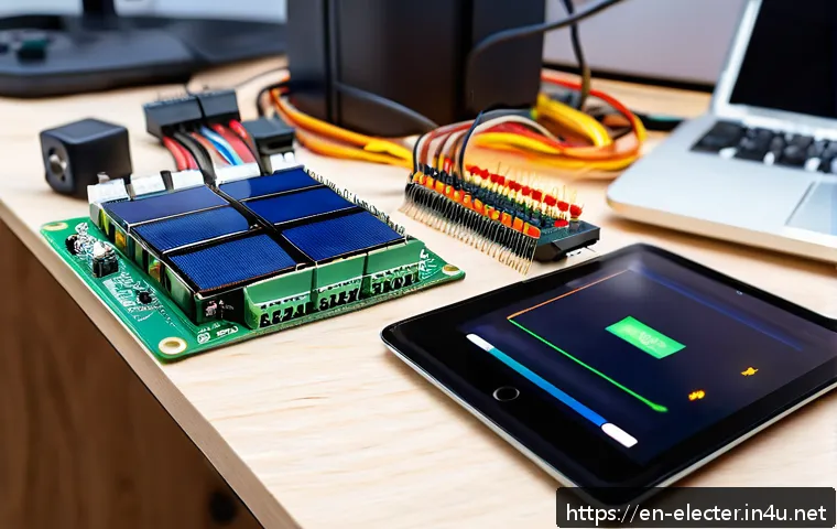 IoT 디바이스 설계의 기초 - A detailed close-up of an IoT development workspace featuring a microcontroller board like an ESP32 ...