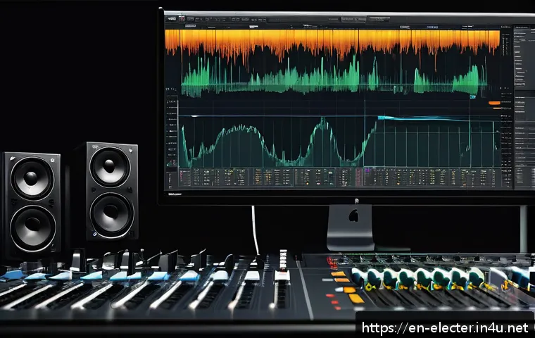 디지털 신호 처리 이론 정리 - A detailed digital illustration of a modern audio recording studio setup showcasing the process of a...