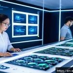 Home 23 자동차 ECU 설계 사례 - A futuristic automotive engineering lab showcasing a modular ECU system on a high-tech workbench, wi...